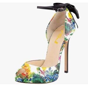 FSJ Flower Stiletto High Heels Sandals Peep Toe Ankle Strap Bows Pump Party Shoe